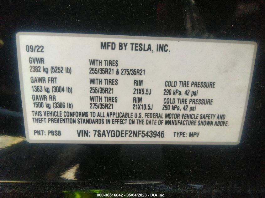 2022 TESLA MODEL Y PERFORMANCE - 7SAYGDEF2NF543946