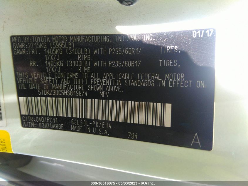 2017 TOYOTA SIENNA LE - 5TDKZ3DC5HS819874