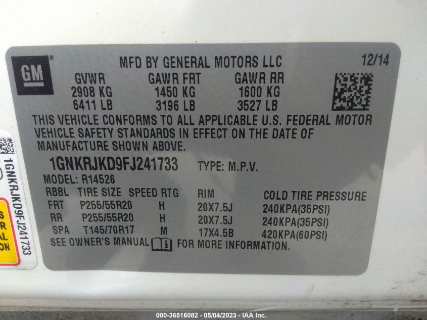 2015 CHEVROLET TRAVERSE LTZ - 1GNKRJKD9FJ241733