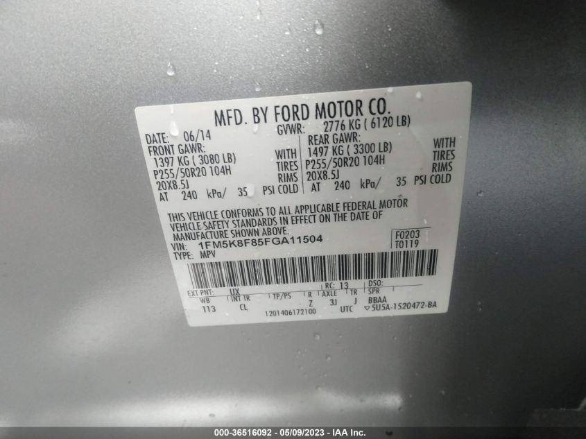 2015 FORD EXPLORER LIMITED - 1FM5K8F85FGA11504