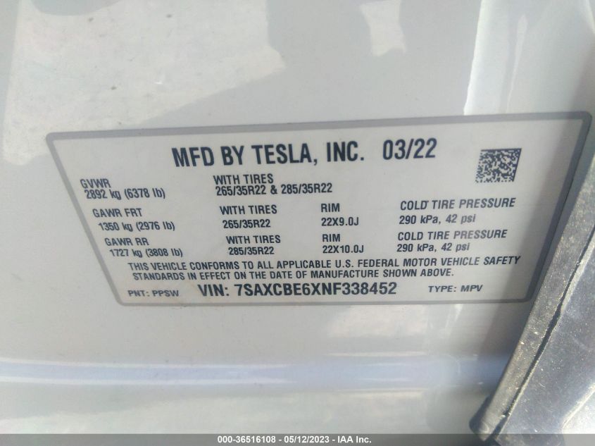 7SAXCBE6XNF338452 Tesla Model X PLAID 9