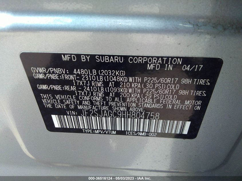 2017 SUBARU FORESTER PREMIUM - JF2SJAGC9HH804758
