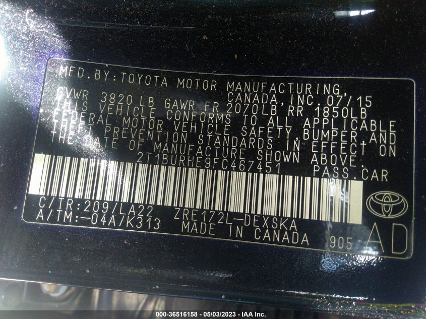 2015 TOYOTA COROLLA L/LE/S/S PLUS/LE PLUS - 2T1BURHE9FC467451