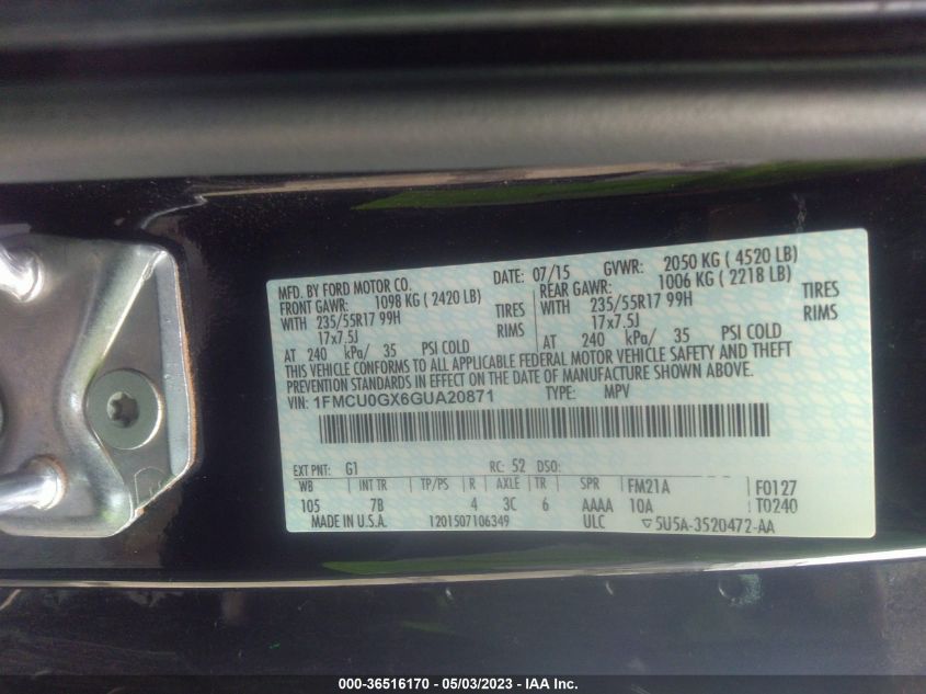 2016 FORD ESCAPE SE - 1FMCU0GX6GUA20871