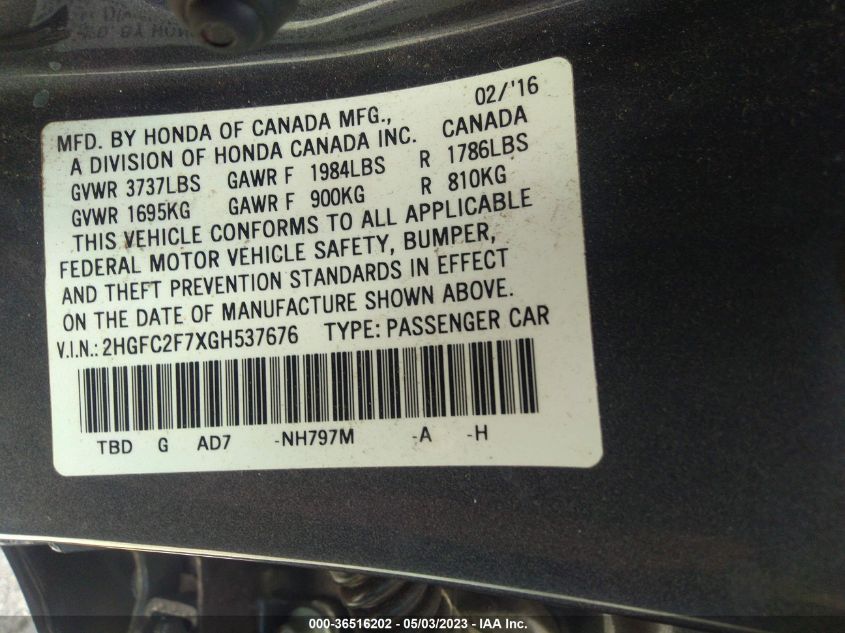 2016 HONDA CIVIC SEDAN EX - 2HGFC2F7XGH537676