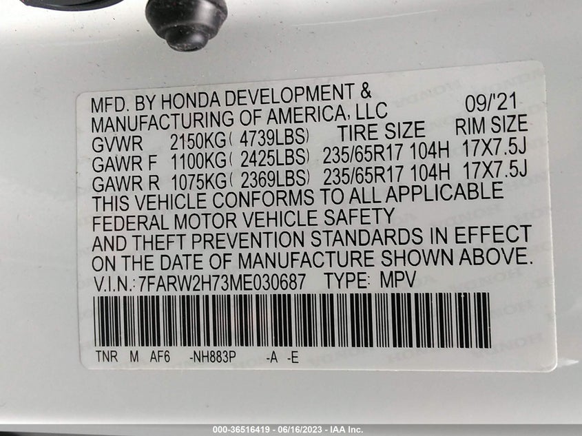 VIN 7FARW2H73ME030687 2021 HONDA CR-V SE
