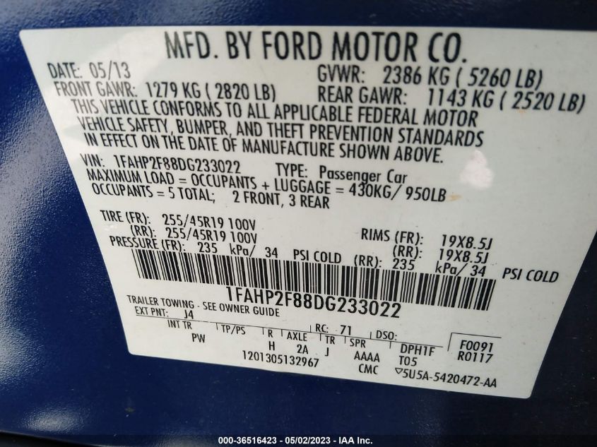 2013 FORD TAURUS LIMITED - 1FAHP2F88DG233022