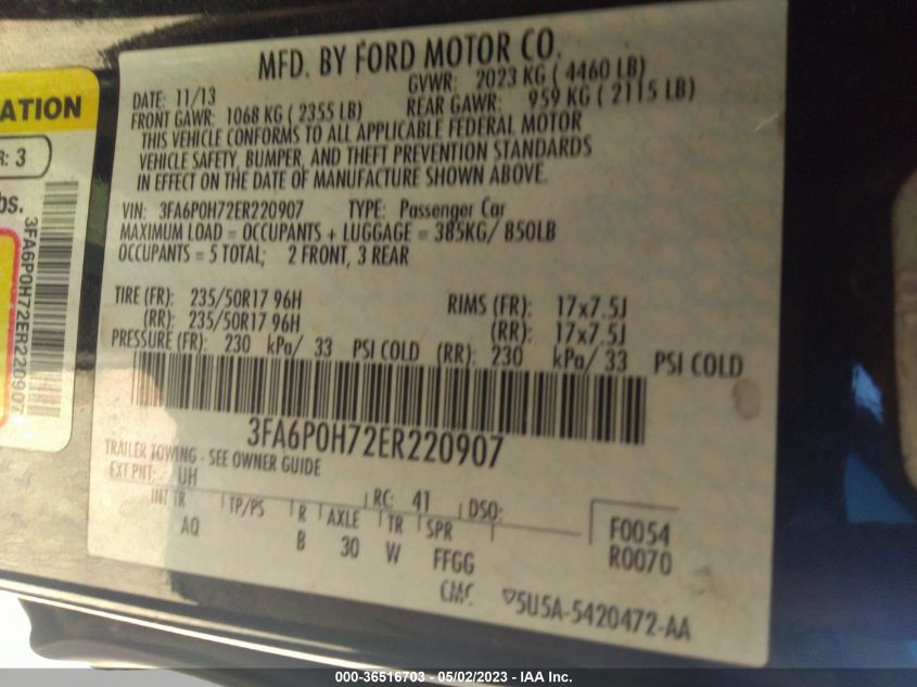 2014 FORD FUSION SE - 3FA6P0H72ER220907