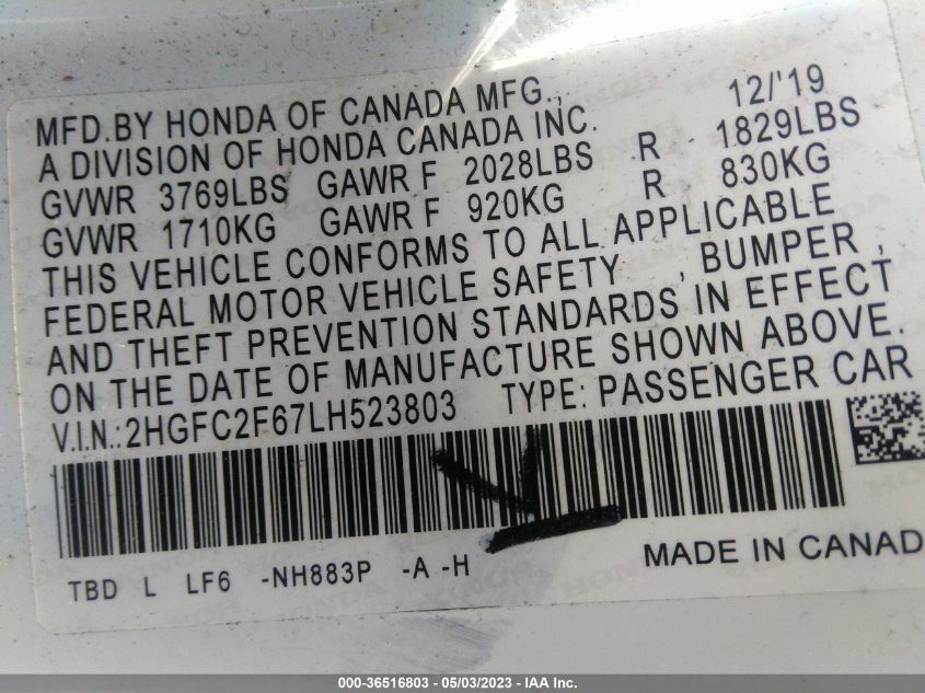 2020 HONDA CIVIC SEDAN LX - 2HGFC2F67LH523803
