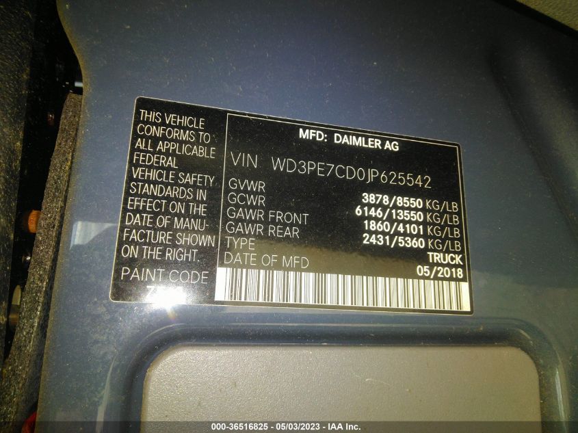 2018 MERCEDES-BENZ SPRINTER CARGO VAN WD3PE7CD0JP625542