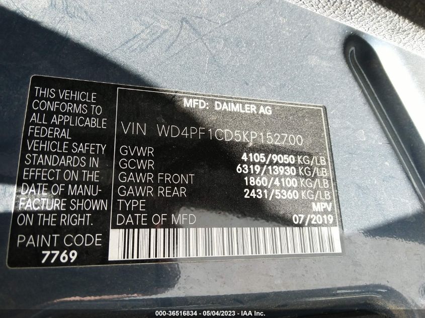 2019 MERCEDES-BENZ SPRINTER VAN WD4PF1CD5KP152700