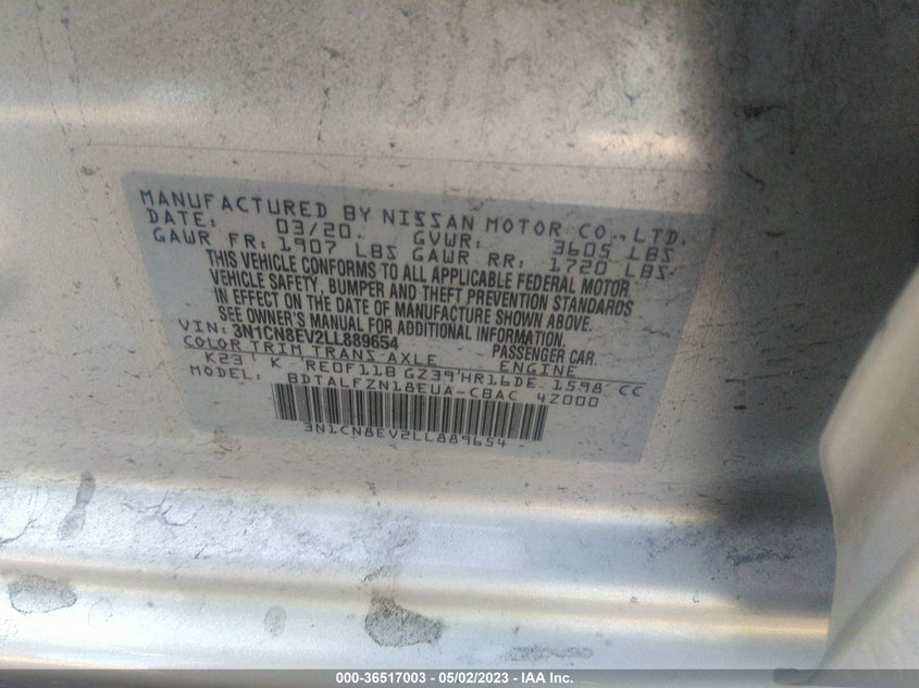 VIN 3N1CN8EV2LL889654 2020 NISSAN VERSA SV