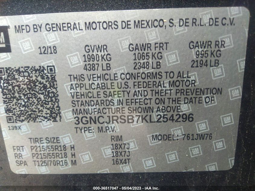 2019 CHEVROLET TRAX PREMIER - 3GNCJRSB7KL254296