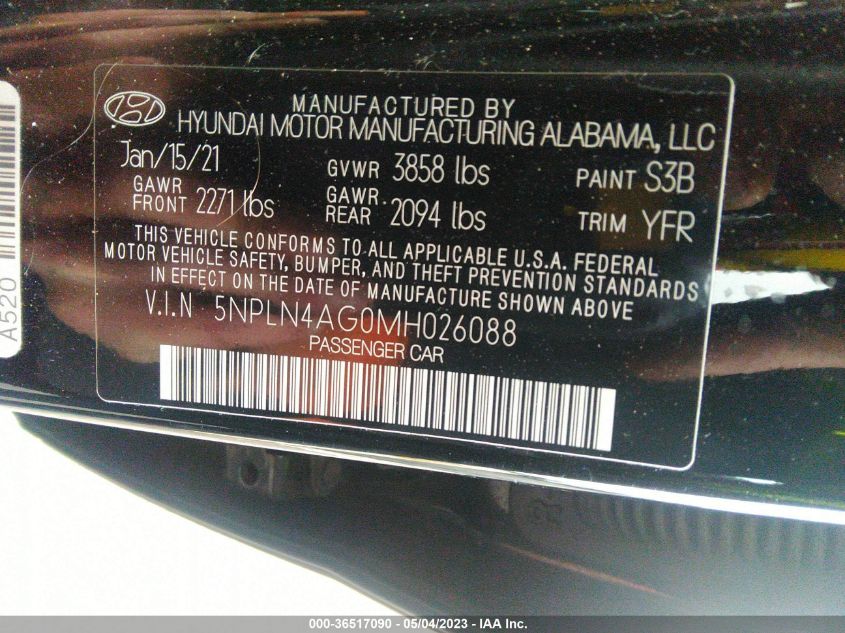 2021 HYUNDAI ELANTRA SEL - 5NPLN4AG0MH026088
