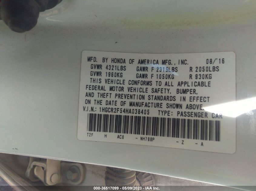 2017 HONDA ACCORD SEDAN SPORT - 1HGCR2F54HA038405