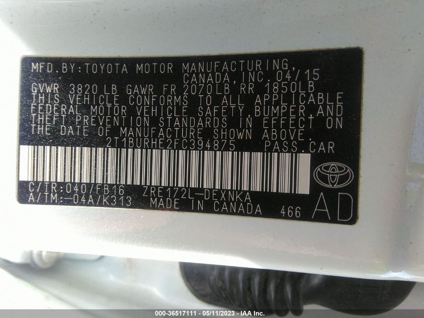 2015 TOYOTA COROLLA L/LE/S/S PLUS/LE PLUS - 2T1BURHE2FC394875
