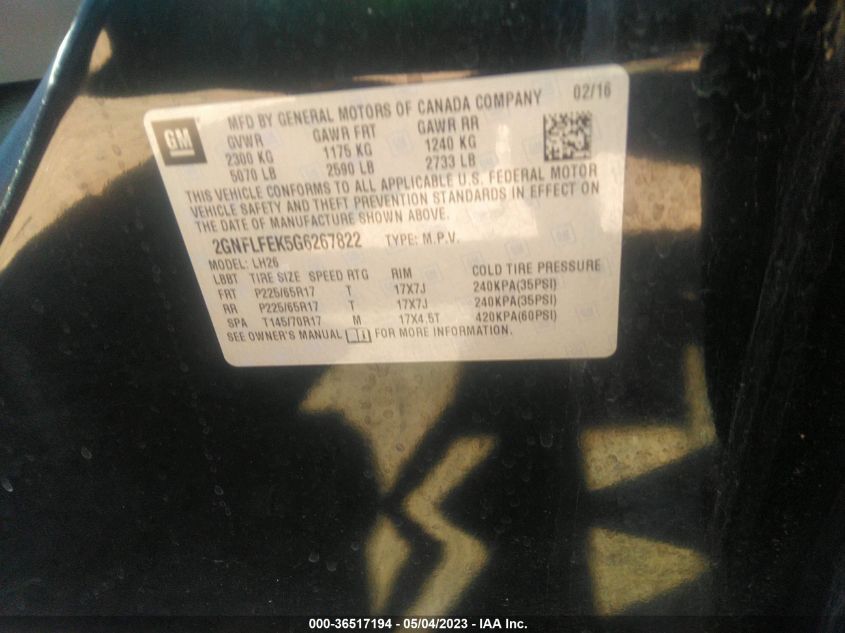 2016 CHEVROLET EQUINOX LT - 2GNFLFEK5G6267822