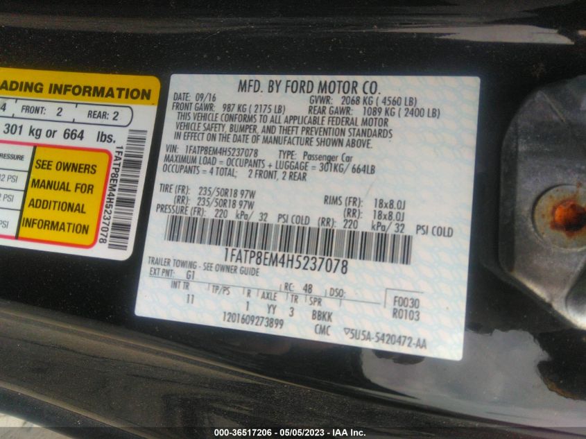 2017 FORD MUSTANG V6 - 1FATP8EM4H5237078