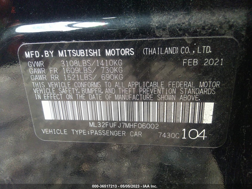 VIN ML32FUFJ7MHF06002 2021 MITSUBISHI MIRAGE G4 ES/LE/CARBONITE EDITION