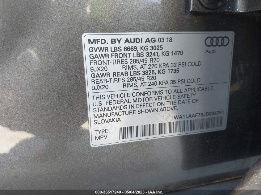 2018 AUDI Q7 PREMIUM PLUS - WA1LAAF73JD034751
