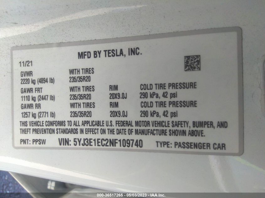 2022 TESLA MODEL 3 PERFORMANCE - 5YJ3E1EC2NF109740