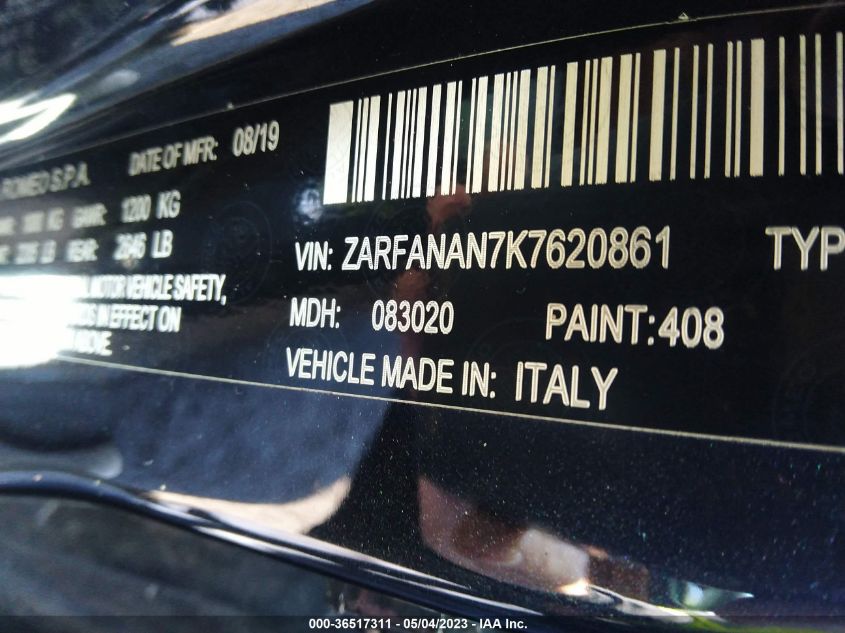 2019 ALFA ROMEO GIULIA SPORT - ZARFANAN7K7620861
