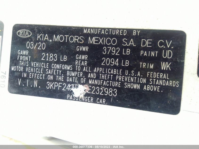 2020 KIA FORTE LXS - 3KPF24AD6LE232983