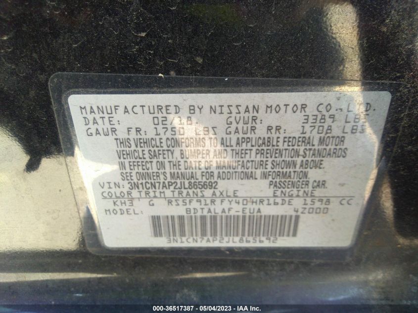 2018 NISSAN VERSA SEDAN S - 3N1CN7AP2JL865692