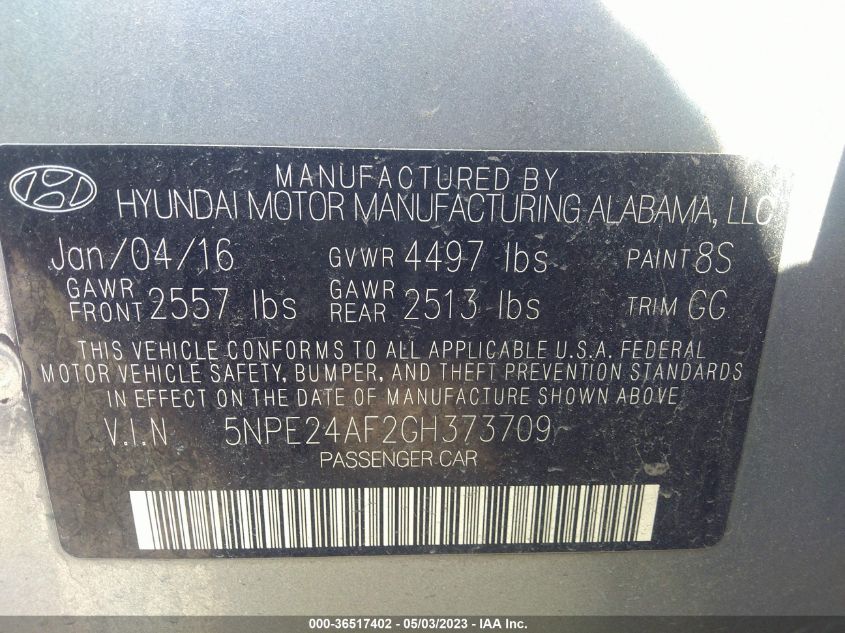 2016 HYUNDAI SONATA 2.4L SE - 5NPE24AF2GH373709