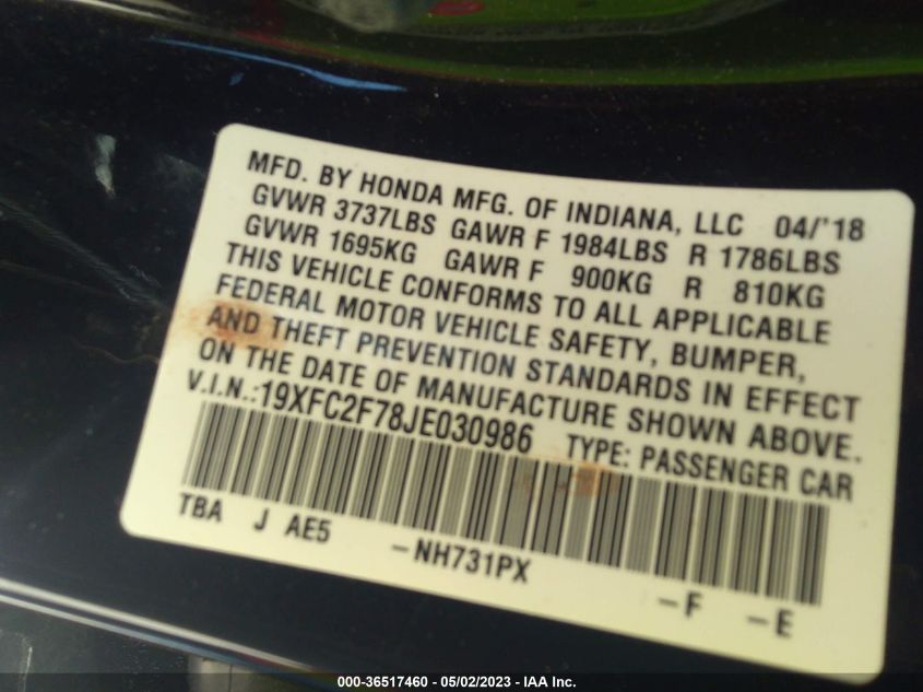 2018 HONDA CIVIC SEDAN EX - 19XFC2F78JE030986