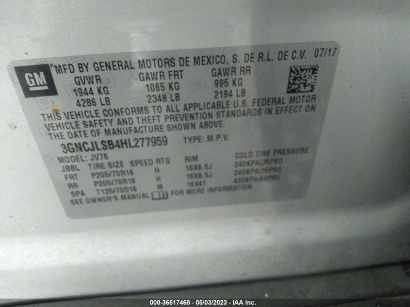 2017 CHEVROLET TRAX LT - 3GNCJLSB4HL277959