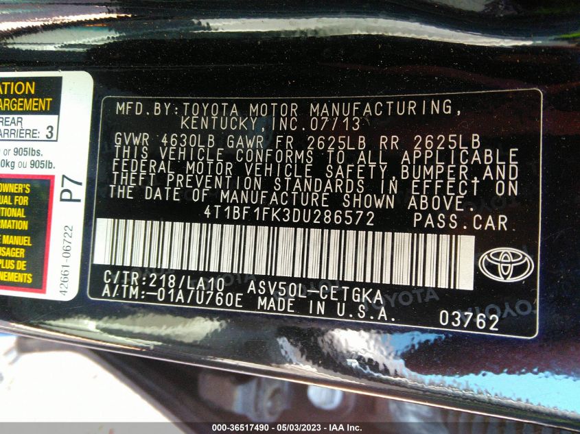 2013 TOYOTA CAMRY L/LE/SE/XLE - 4T1BF1FK3DU286572