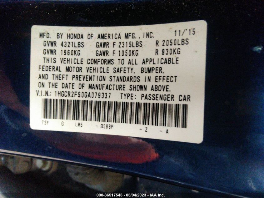 2016 HONDA ACCORD SEDAN SPORT - 1HGCR2F50GA079337