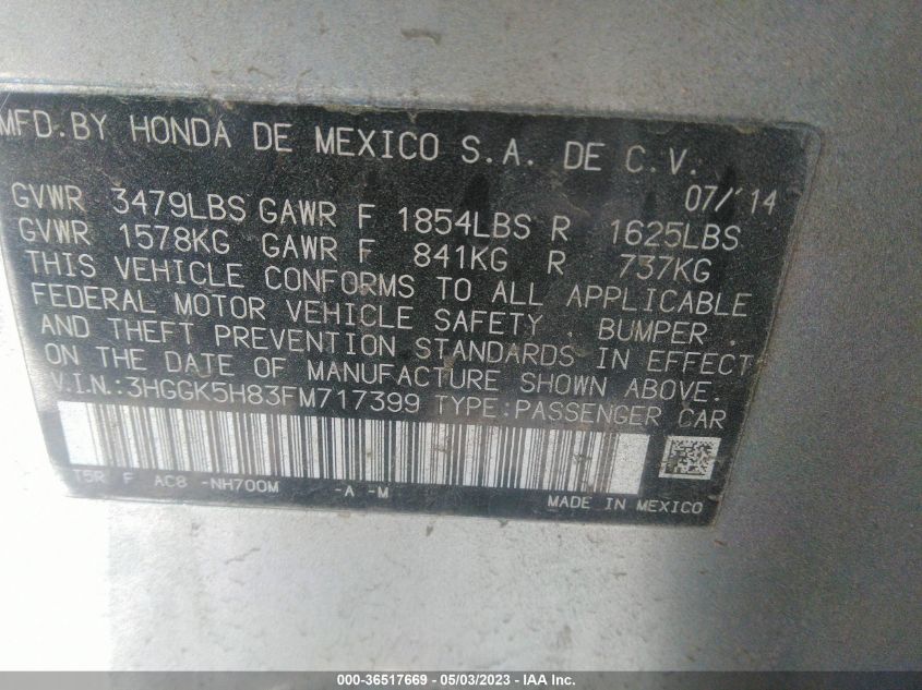 2015 HONDA FIT EX-L/EX - 3HGGK5H83FM717399
