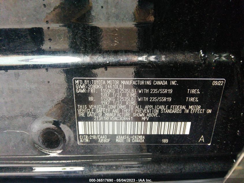 2022 TOYOTA RAV4 XLE PREMIUM - 2T3A1RFV5NC308441