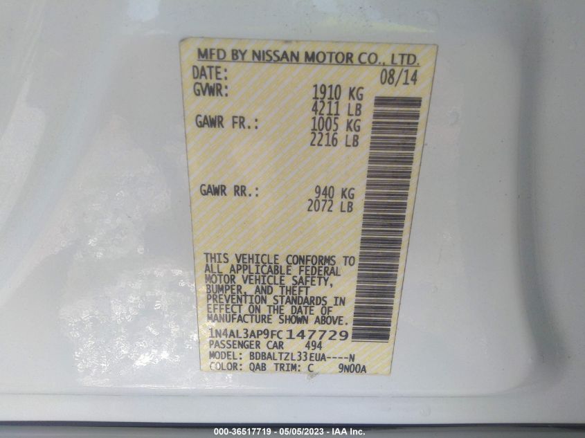 2015 NISSAN ALTIMA 2.5 SL - 1N4AL3AP9FC147729