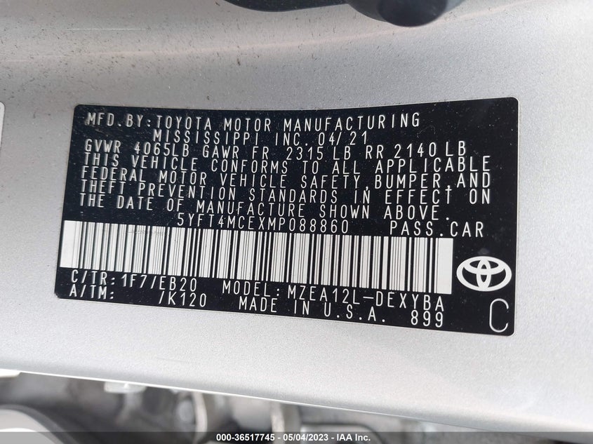 VIN 5YFT4MCEXMP088860 2021 TOYOTA COROLLA XSE/APEX XSE