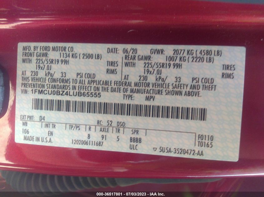 2020 FORD ESCAPE SE SPORT HYBRID - 1FMCU0BZ4LUB65555
