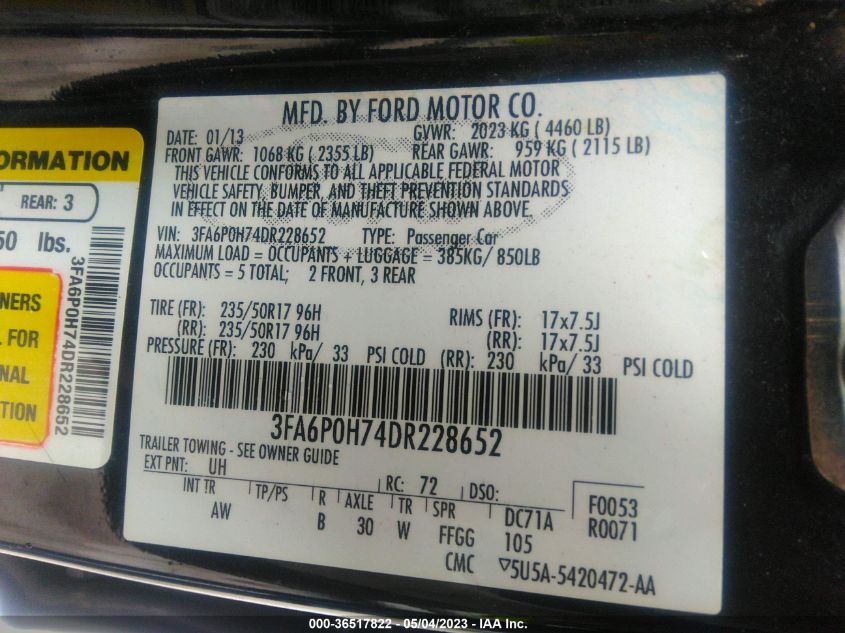 2013 FORD FUSION SE - 3FA6P0H74DR228652