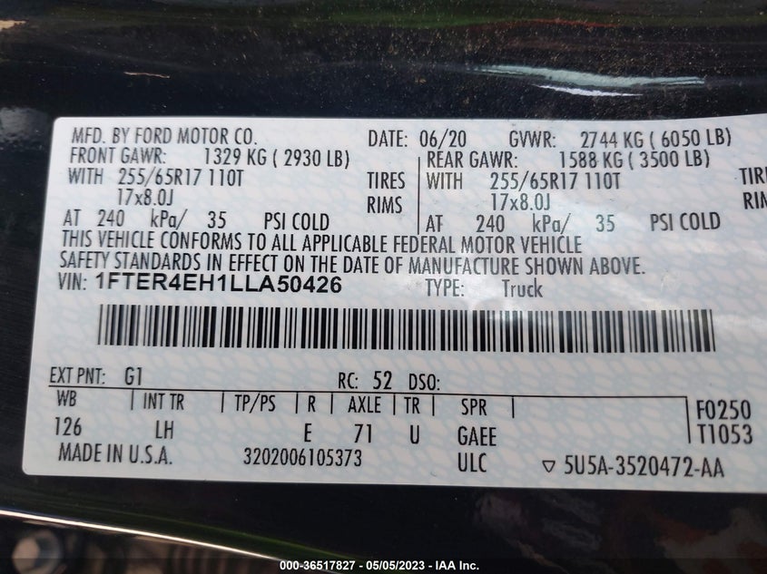 VIN 1FTER4EH1LLA50426 2020 FORD RANGER XL/XLT/LARIAT