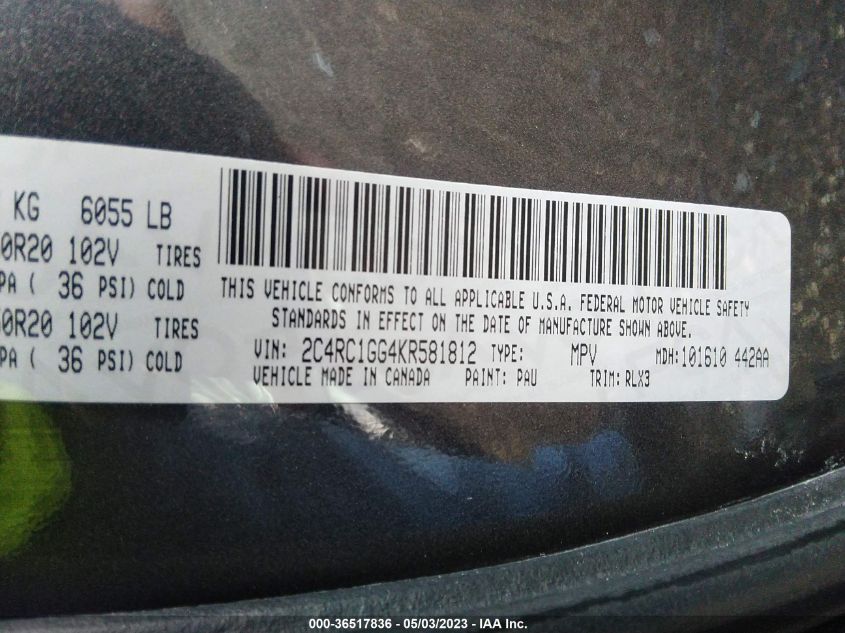 2019 CHRYSLER PACIFICA LIMITED - 2C4RC1GG4KR581812