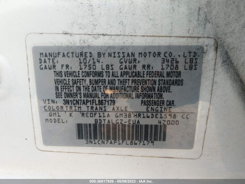 2015 NISSAN VERSA SL - 3N1CN7AP1FL867179