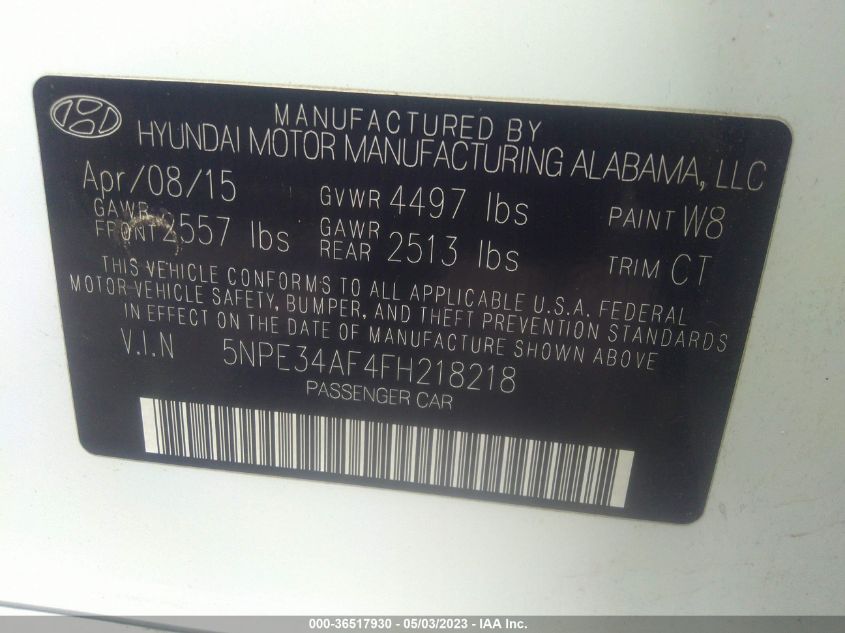 2015 HYUNDAI SONATA 2.4L LIMITED - 5NPE34AF4FH218218