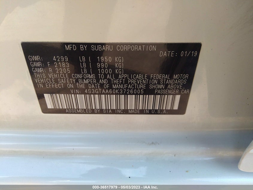 VIN 4S3GTAA60K3726005 2019 SUBARU IMPREZA