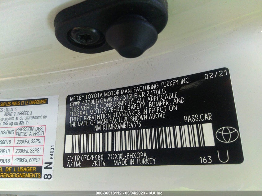VIN NMTKHMBX4MR124373 2021 TOYOTA C-HR LE/XLE/LIMITED/NIGHTSHADE