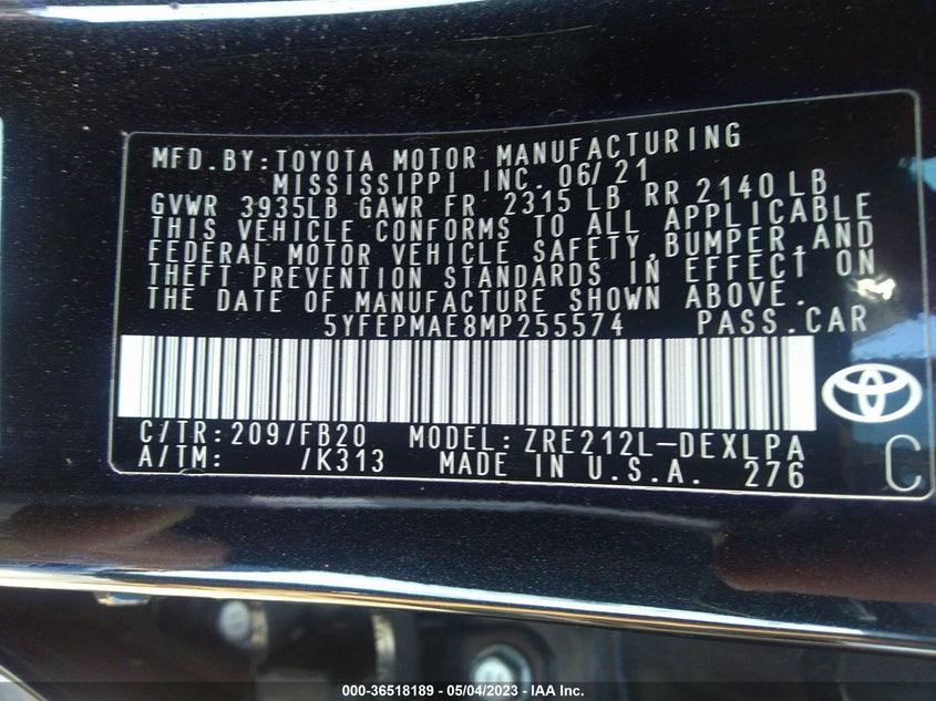 VIN 5YFEPMAE8MP255574 2021 TOYOTA COROLLA LE