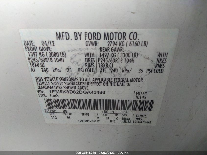 2013 FORD EXPLORER XLT - 1FM5K8D82DGA43486