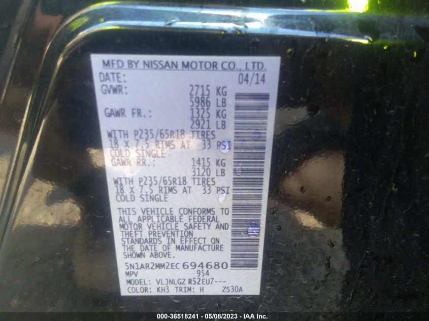 2014 NISSAN PATHFINDER SL - 5N1AR2MM2EC694680