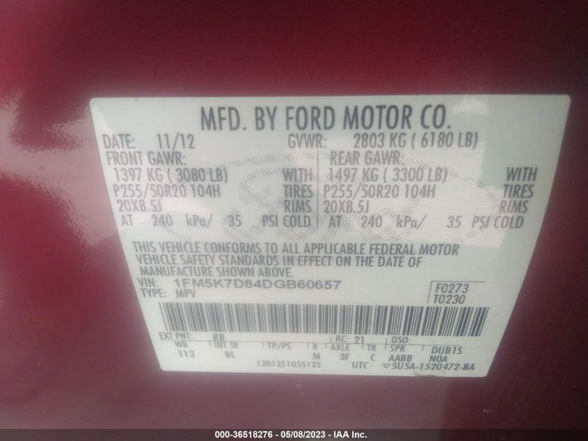 2013 FORD EXPLORER XLT - 1FM5K7D84DGB60657
