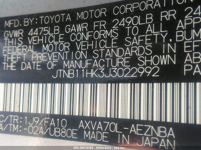 2018 TOYOTA CAMRY LE/SE/XLE/L - JTNB11HK3J3022992